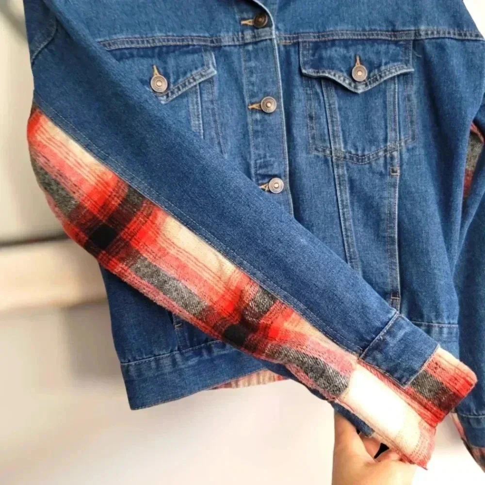 BKE Buckle Brushed Wool Blend Plaid Denim Jacket Sz S